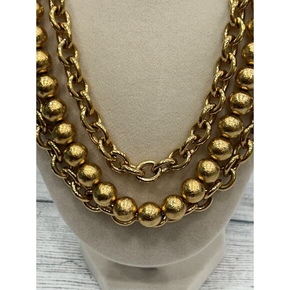 Vtg Monet Gold Tone Three Strand Chain & Bead Layered Statement Necklace 17" - Picture 2 of 7